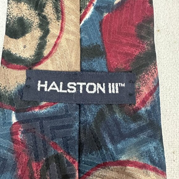 Halston III Mens Neck Tie Abstract Print Blue Red Gold Polyester Made In USA - Picture 3 of 5